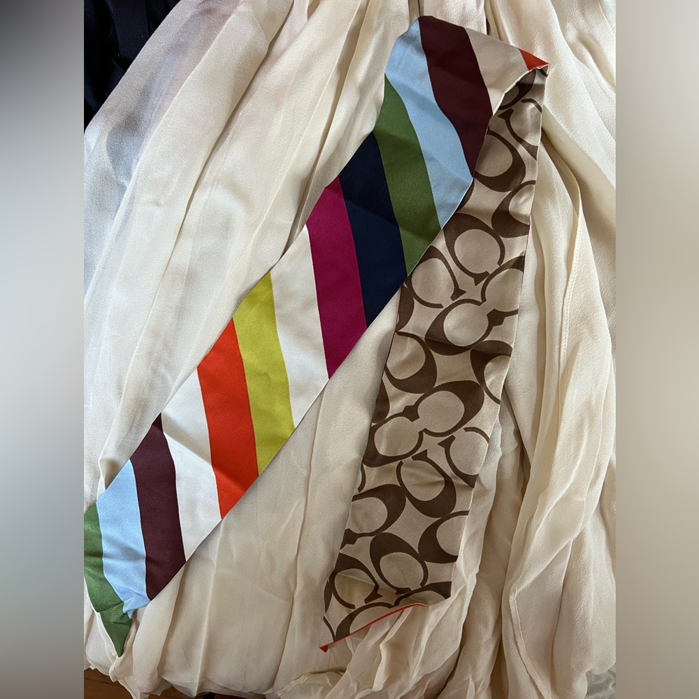 Coach 100% silk tie/scarf, multicolor diagonal stripe pattern